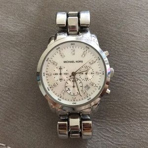 Michael Kors Silver Tone Stainless Steel Chronograph Watch with White Dial